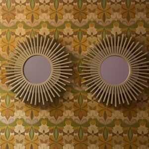 TWO RETRO WALL MIRRORS. GREAT CONDITION. EASY TO HANG. SILVER